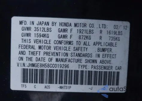 2012 Honda Fit Sport из США, поврежденный, VIN JHMGE8H58CC019296